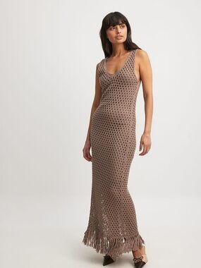 Crochet Fringe Maxi Dress - Taupe XXS